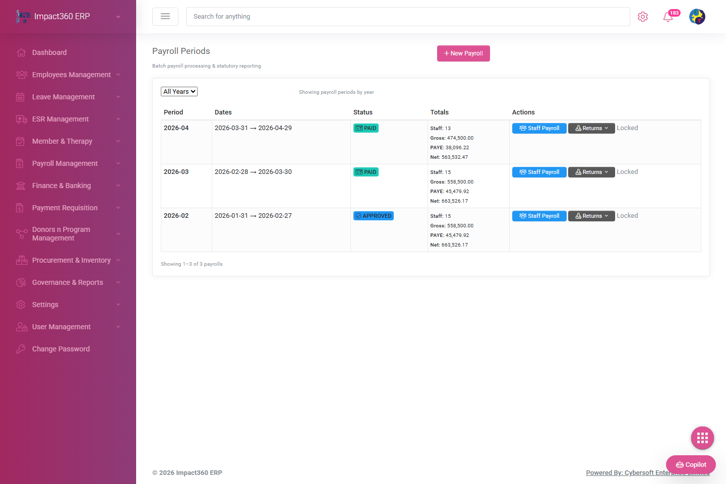 Payroll processing screen