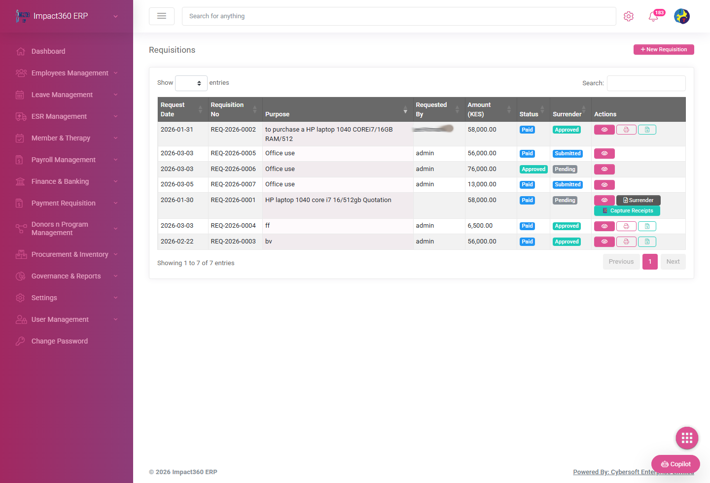 Impact360 ERP procurement requisitions dashboard